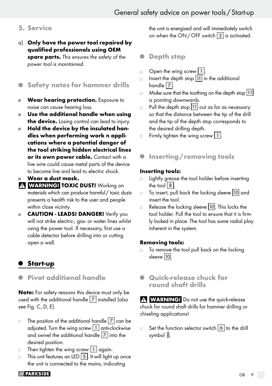 General safety advice on power tools, General safety advice on power tools / start-up, Service | Start-up, Pivot additional handle, Depth stop, Inserting / removing tools, Quick-release chuck for round shaft drills | Parkside PBH 1050 A1 User Manual | Page 9 / 58