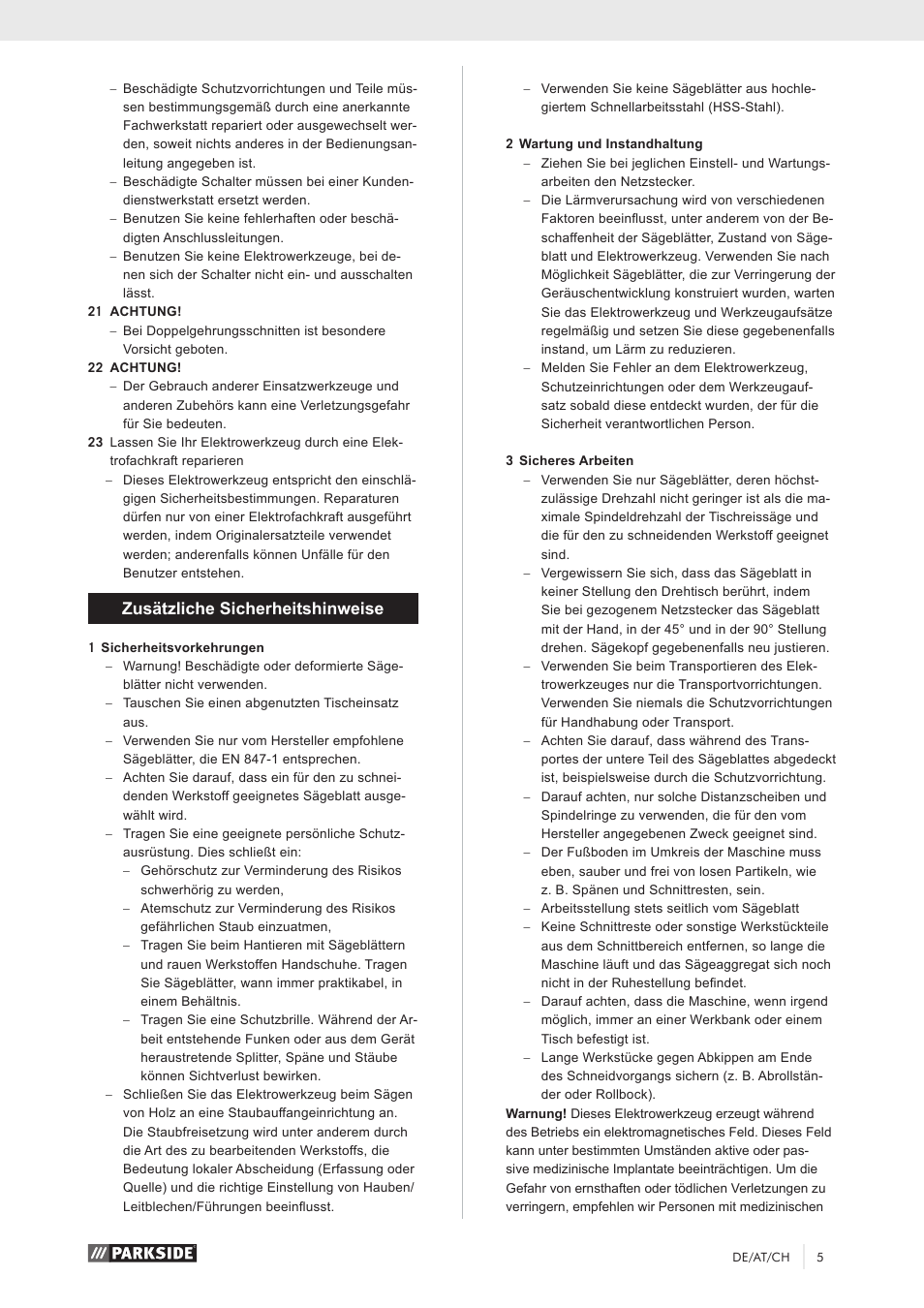 Zusätzliche sicherheitshinweise | Parkside PKS 1500 A1 User Manual | Page 10 / 64