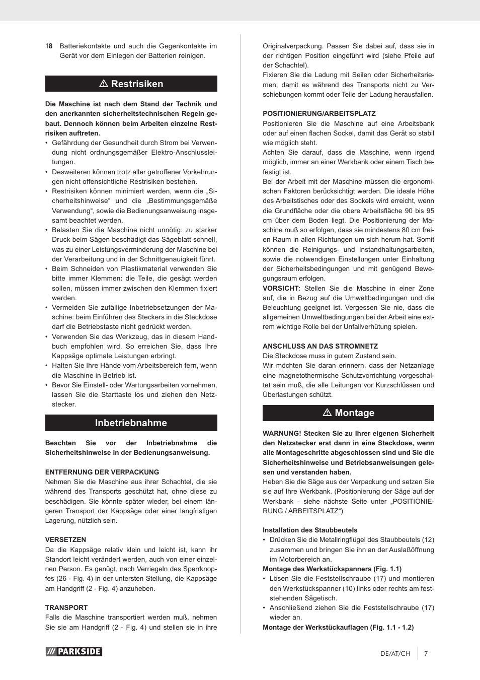 Mrestrisiken, Inbetriebnahme, Mmontage | Parkside PKS 1500 A1 User Manual | Page 12 / 64