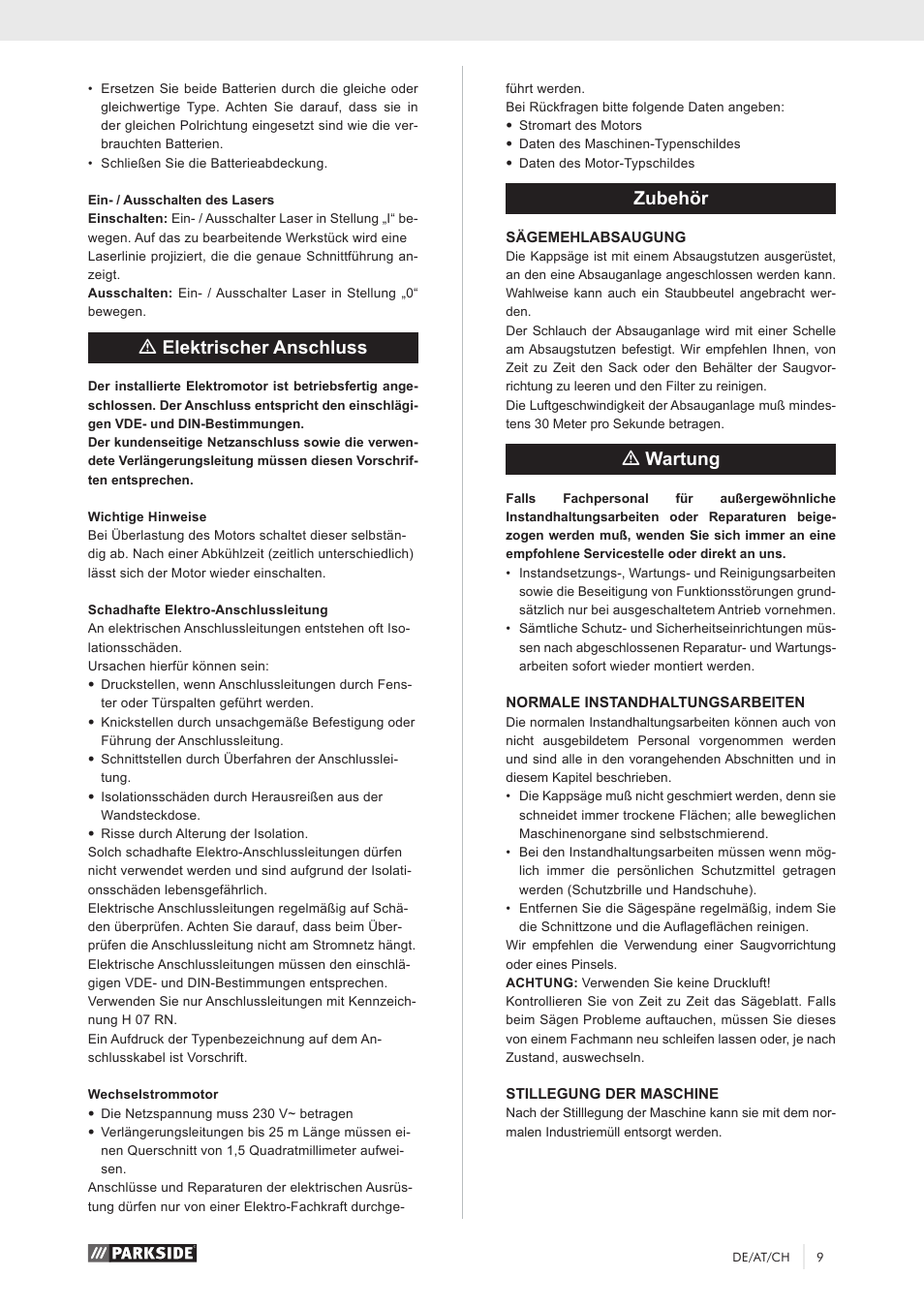 Melektrischer anschluss, Zubehör, Mwartung | Parkside PKS 1500 A1 User Manual | Page 14 / 64