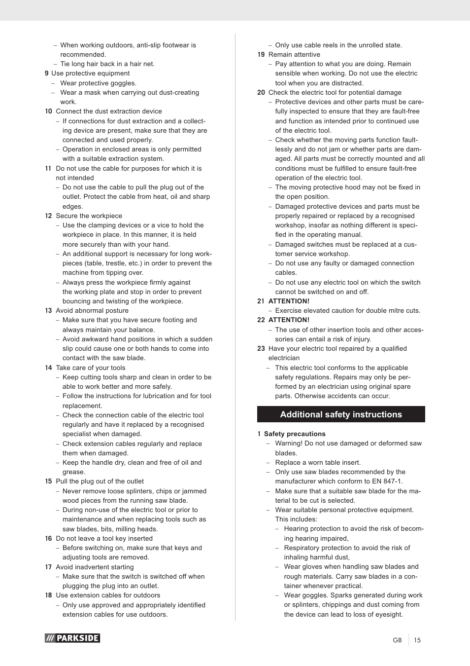 Additional safety instructions | Parkside PKS 1500 A1 User Manual | Page 20 / 64