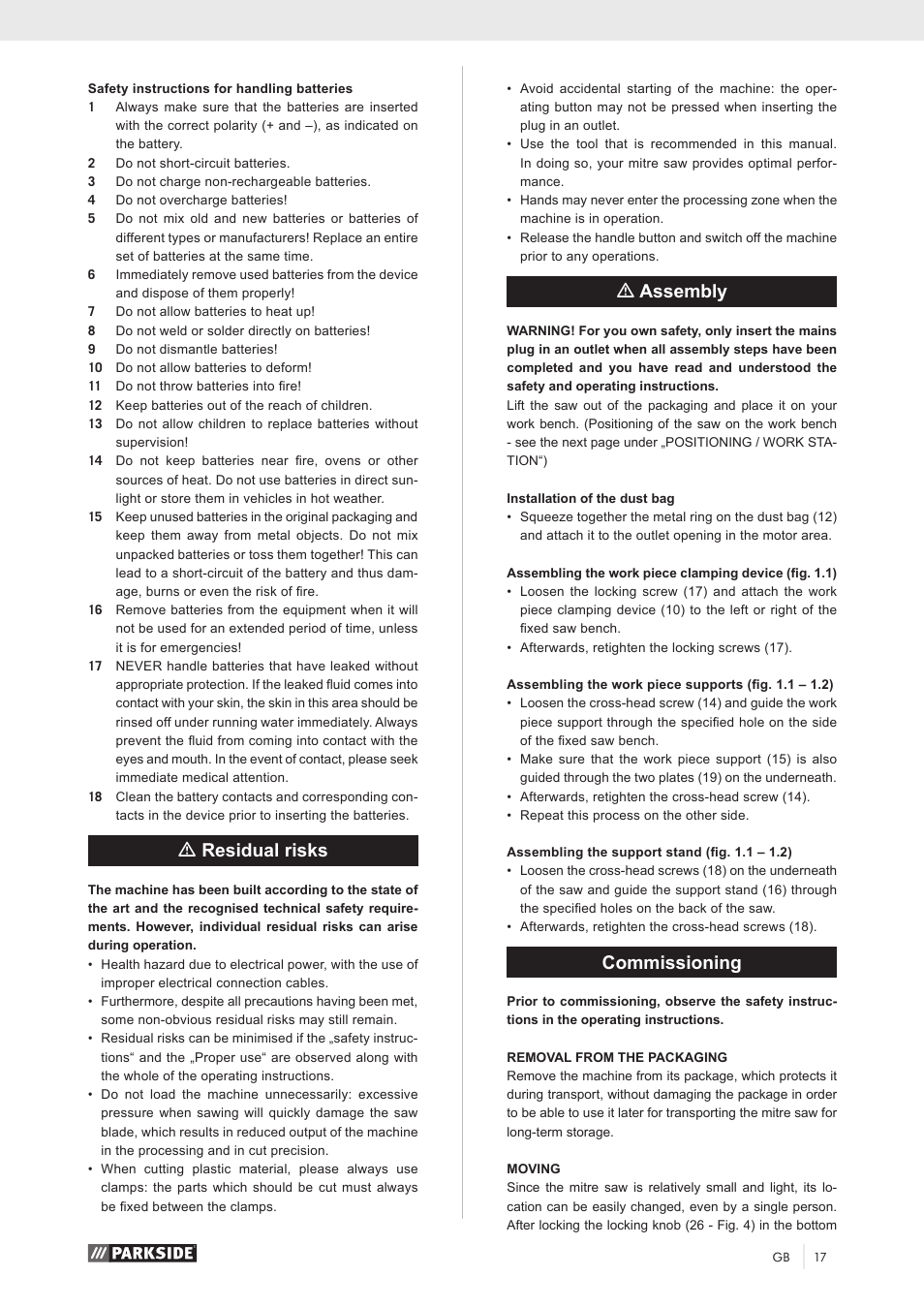 Mresidual risks, Massembly, Commissioning | Parkside PKS 1500 A1 User Manual | Page 22 / 64