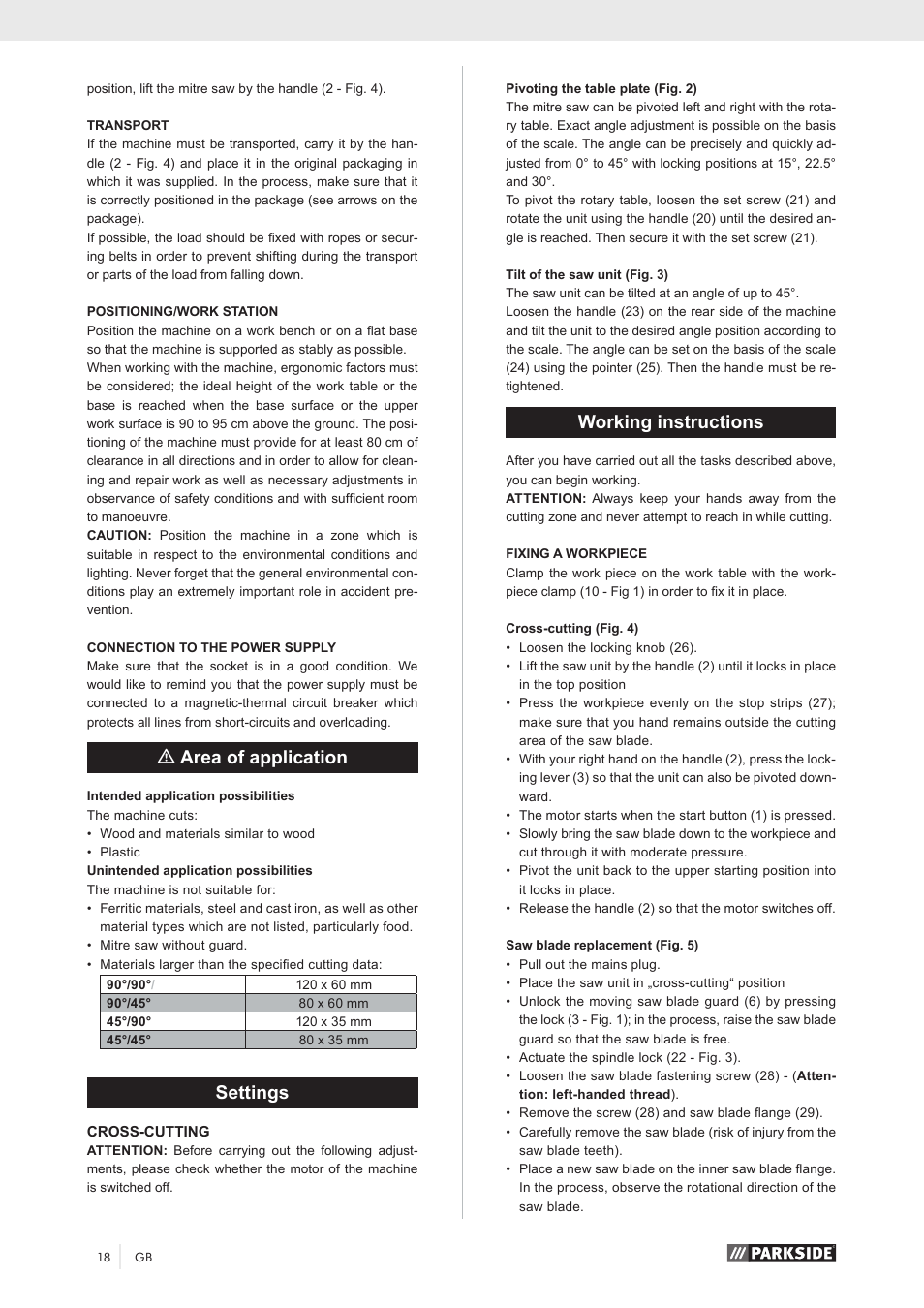 Marea of application, Settings, Working instructions | Parkside PKS 1500 A1 User Manual | Page 23 / 64