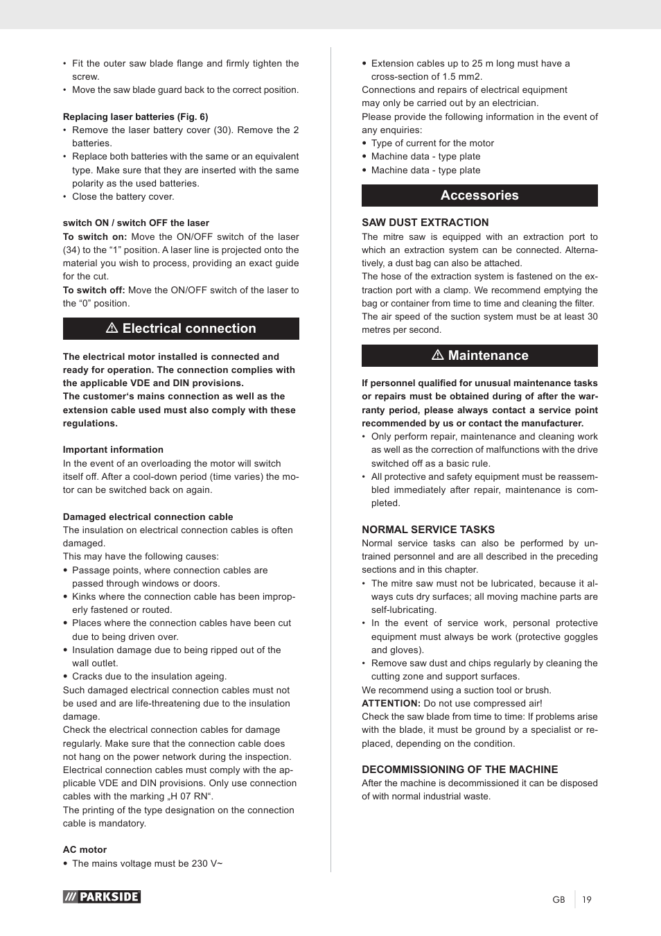 Melectrical connection, Accessories, Mmaintenance | Parkside PKS 1500 A1 User Manual | Page 24 / 64