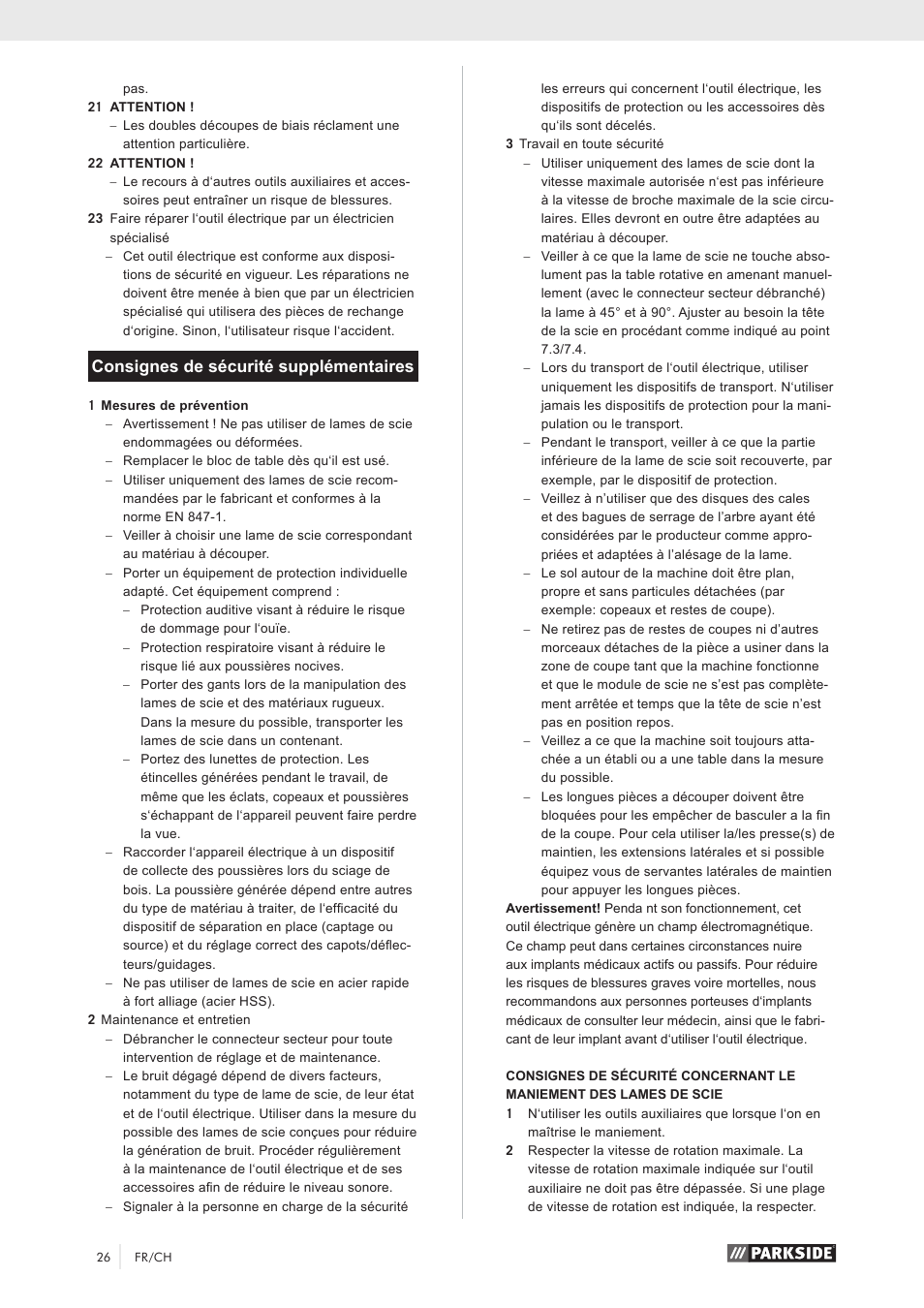 Consignes de sécurité supplémentaires | Parkside PKS 1500 A1 User Manual | Page 31 / 64