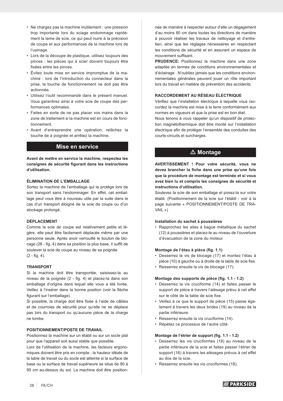 Mise en service, Mmontage | Parkside PKS 1500 A1 User Manual | Page 33 / 64