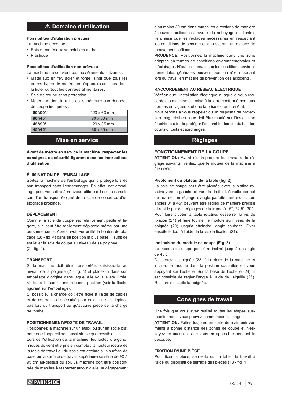 Mdomaine d‘utilisation, Mise en service, Réglages | Consignes de travail | Parkside PKS 1500 A1 User Manual | Page 34 / 64