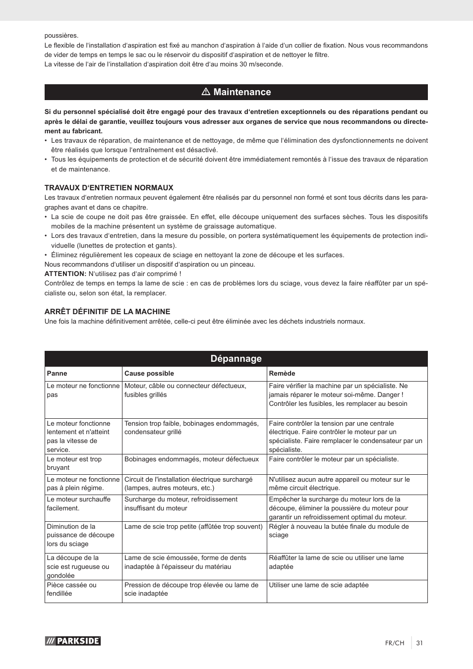 Mmaintenance, Dépannage | Parkside PKS 1500 A1 User Manual | Page 36 / 64