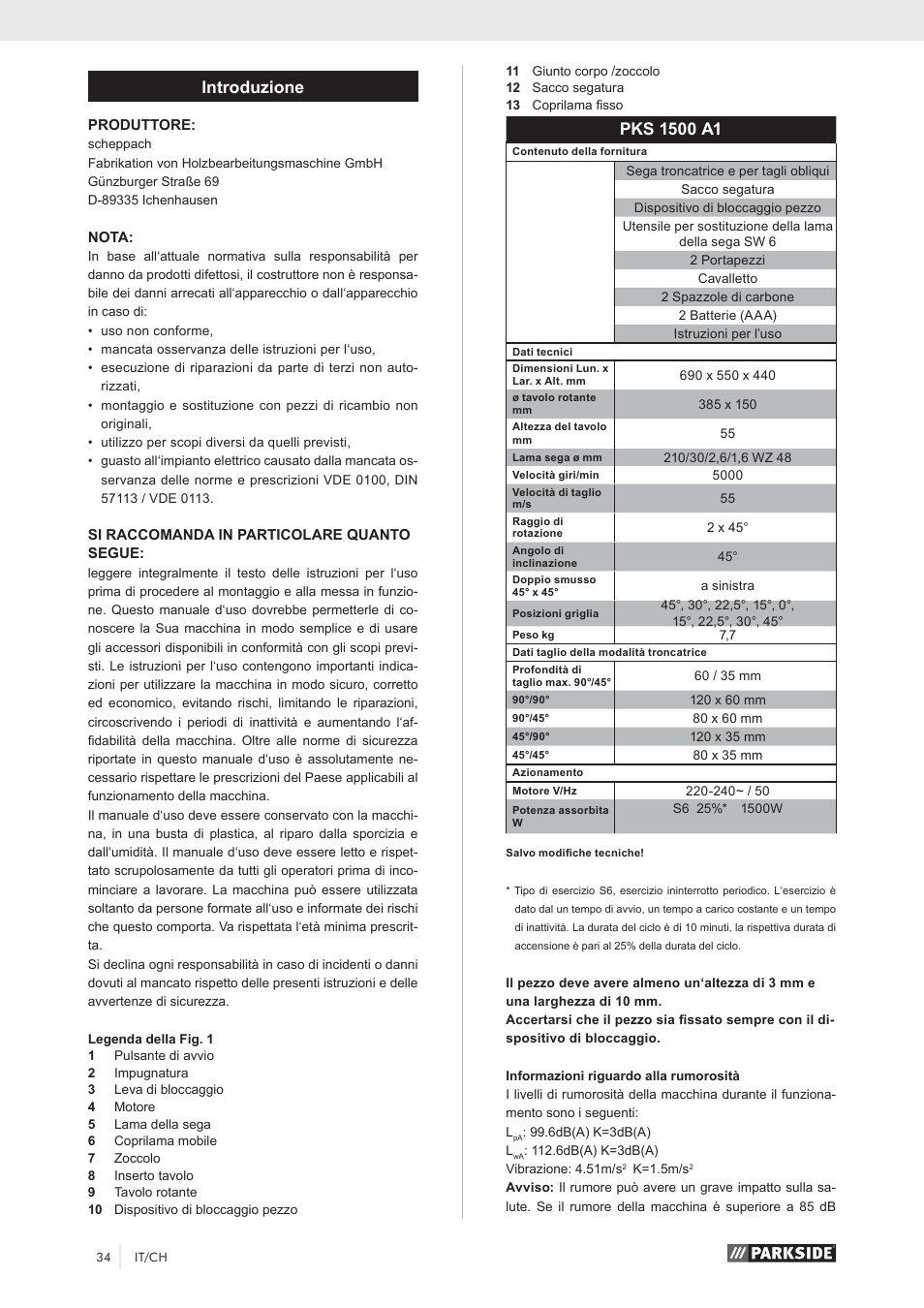 Introduzione | Parkside PKS 1500 A1 User Manual | Page 39 / 64