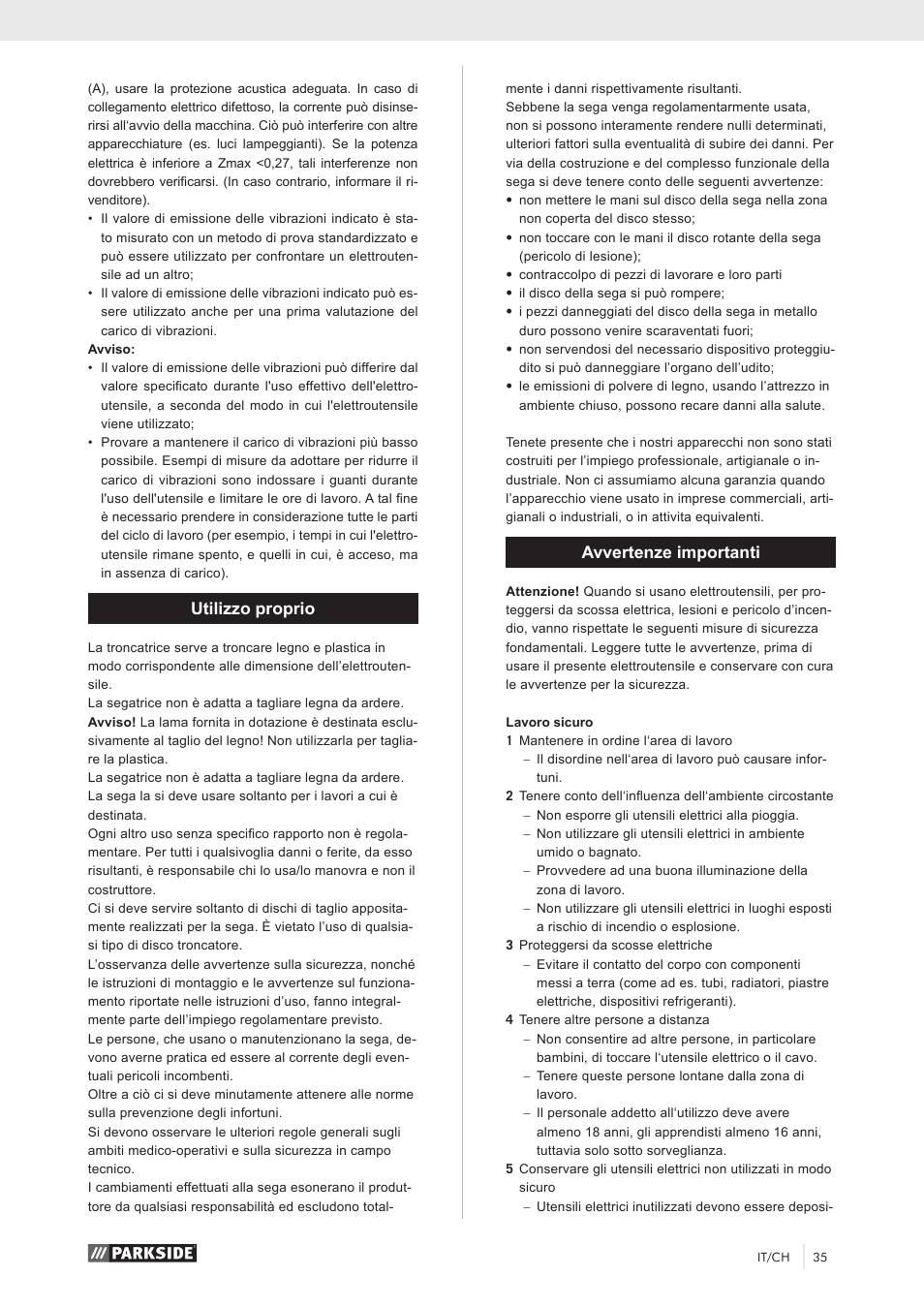 Utilizzo proprio, Avvertenze importanti | Parkside PKS 1500 A1 User Manual | Page 40 / 64