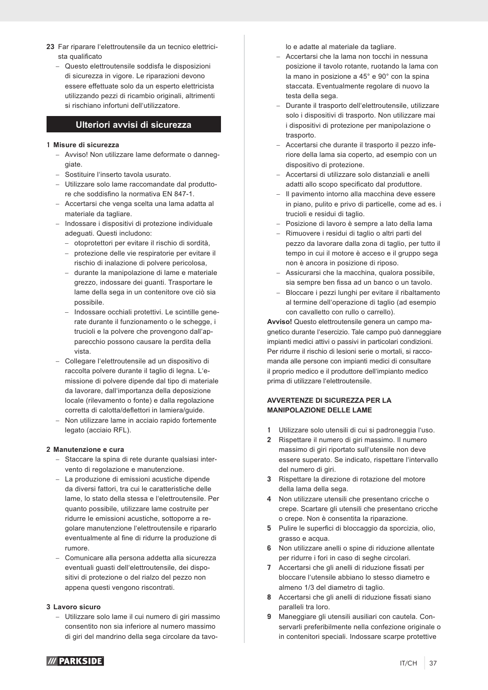 Ulteriori avvisi di sicurezza | Parkside PKS 1500 A1 User Manual | Page 42 / 64