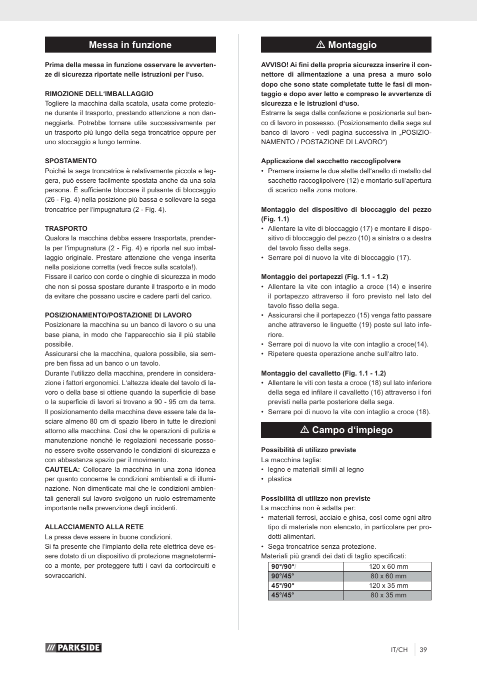 Messa in funzione, Mmontaggio, Mcampo d‘impiego | Parkside PKS 1500 A1 User Manual | Page 44 / 64