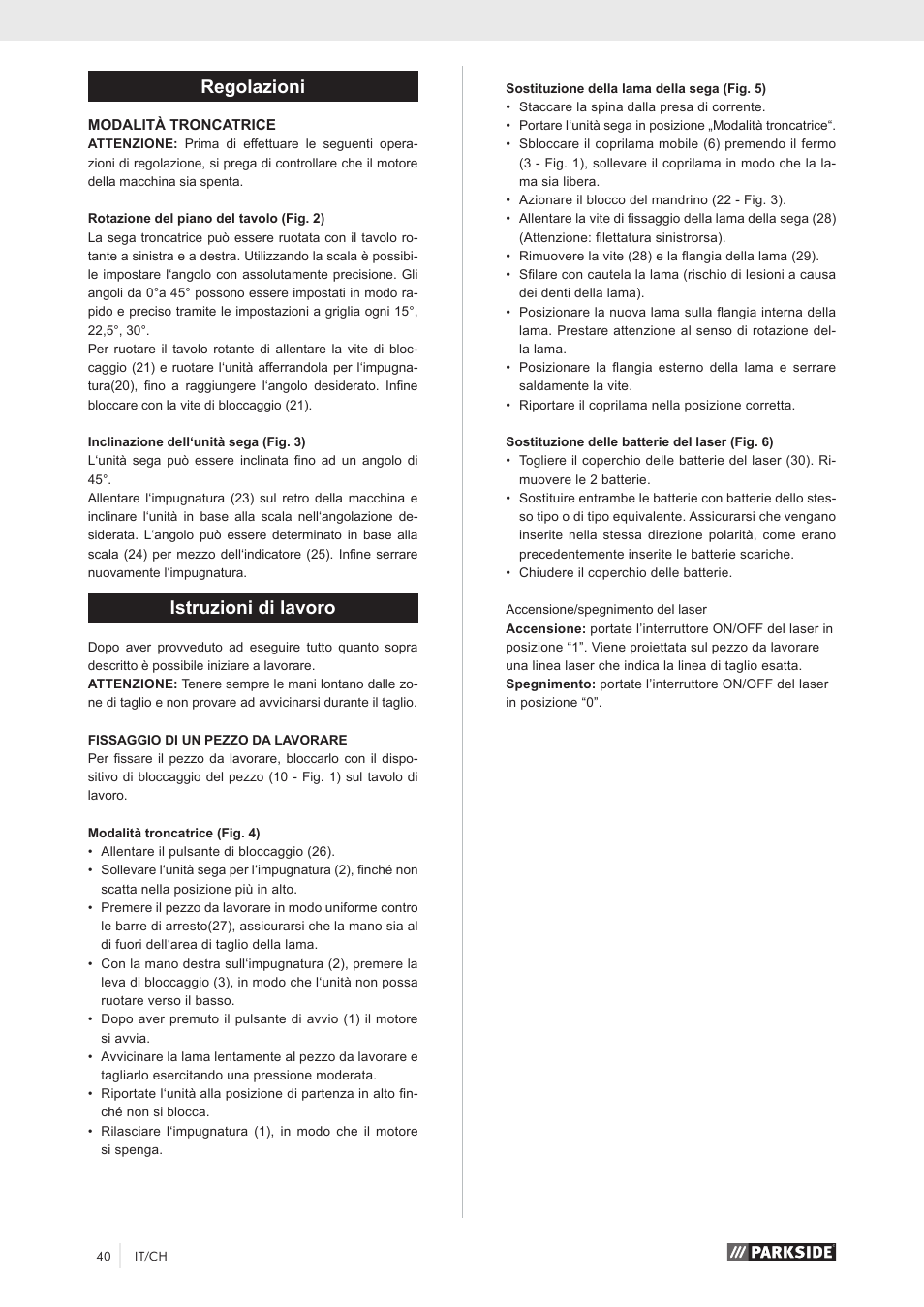 Regolazioni, Istruzioni di lavoro | Parkside PKS 1500 A1 User Manual | Page 45 / 64