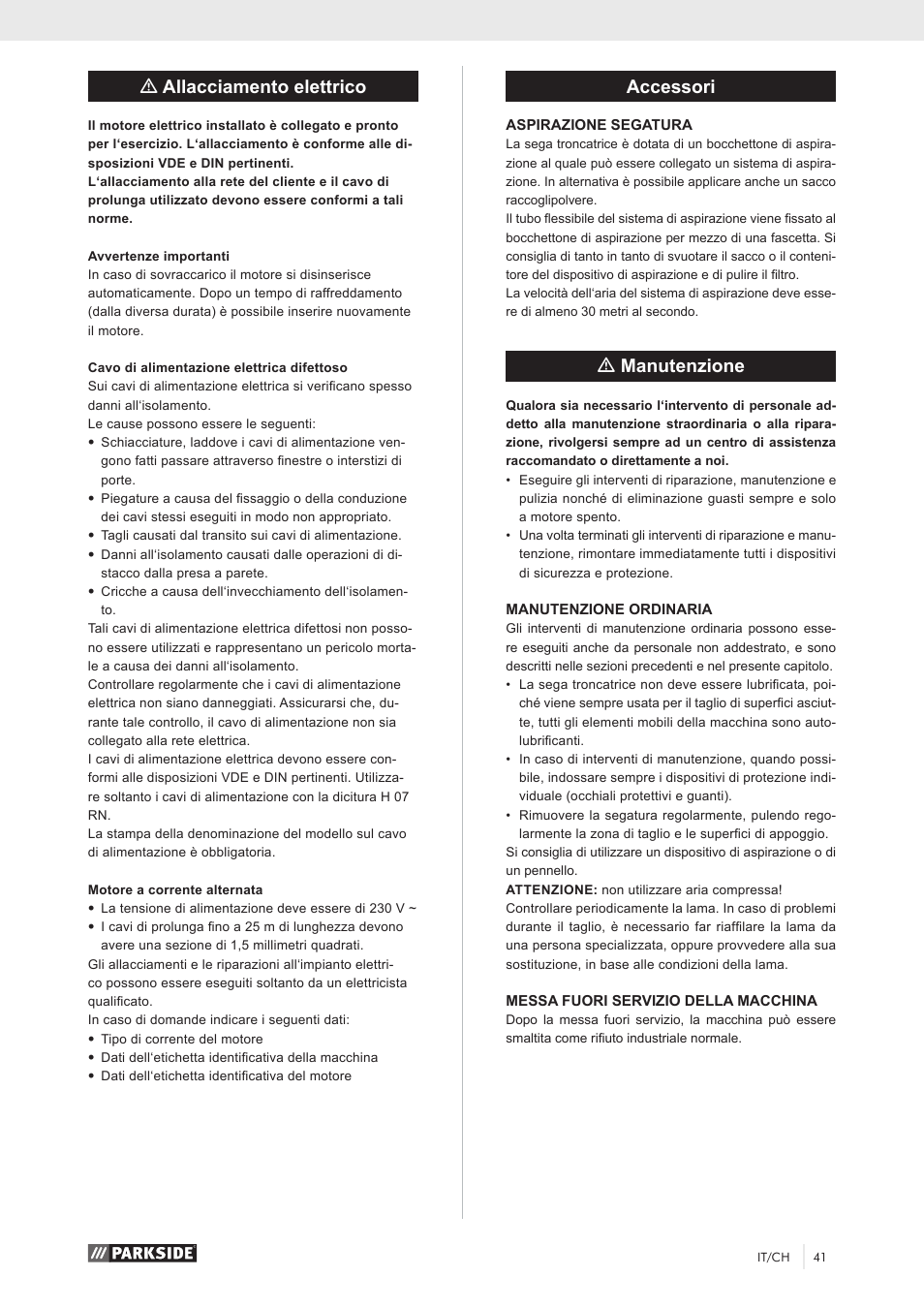 Mallacciamento elettrico, Accessori, Mmanutenzione | Parkside PKS 1500 A1 User Manual | Page 46 / 64