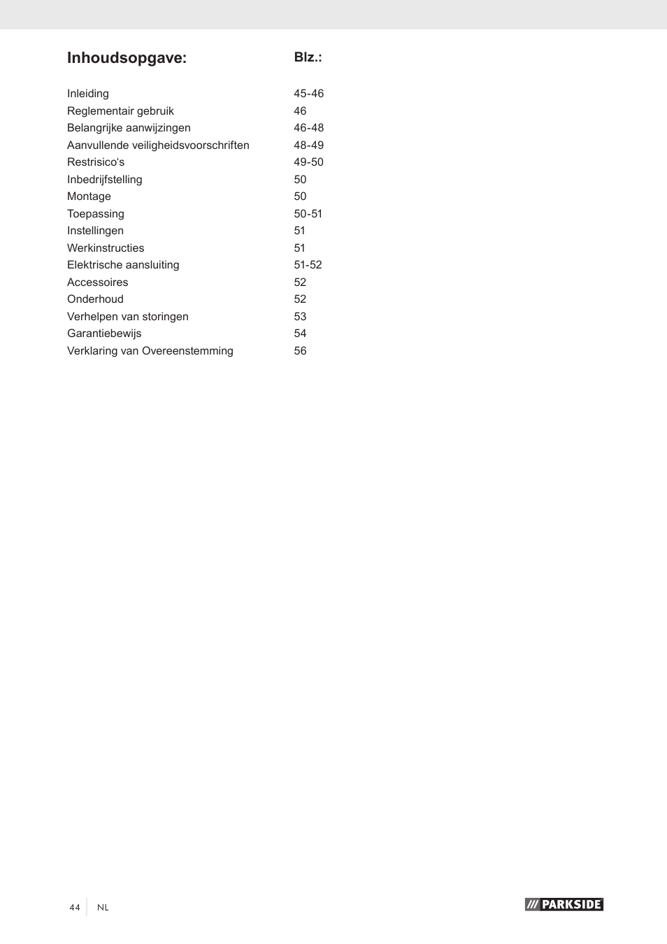 Inhoudsopgave | Parkside PKS 1500 A1 User Manual | Page 49 / 64