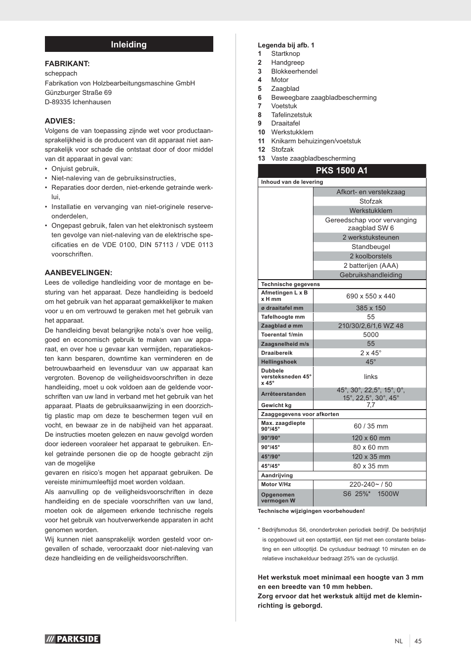 Inleiding | Parkside PKS 1500 A1 User Manual | Page 50 / 64