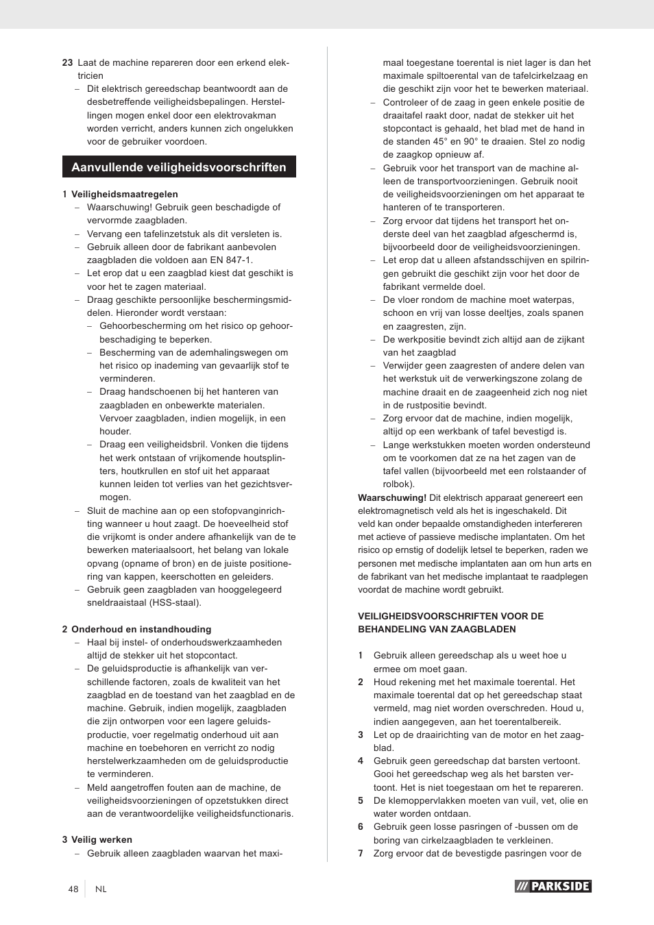 Aanvullende veiligheidsvoorschriften | Parkside PKS 1500 A1 User Manual | Page 53 / 64