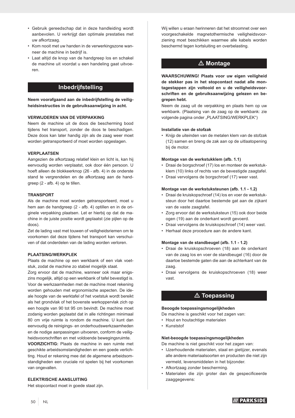 Inbedrijfstelling, Mmontage, Mtoepassing | Parkside PKS 1500 A1 User Manual | Page 55 / 64