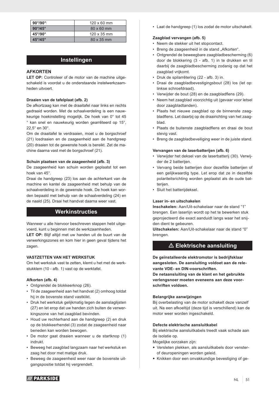 Instellingen, Werkinstructies, Melektrische aansluiting | Parkside PKS 1500 A1 User Manual | Page 56 / 64