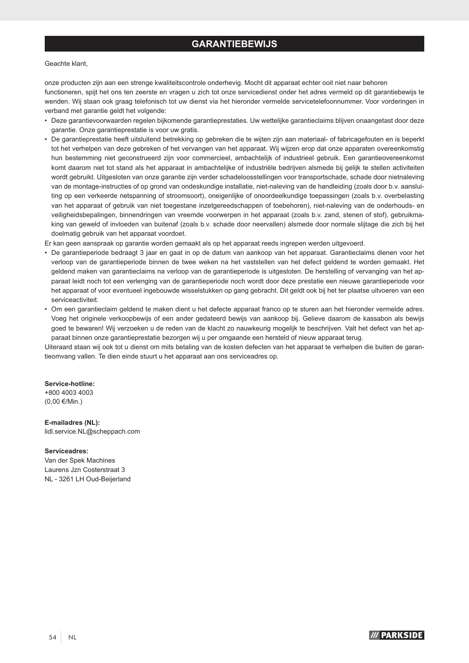 Garantiebewijs | Parkside PKS 1500 A1 User Manual | Page 59 / 64
