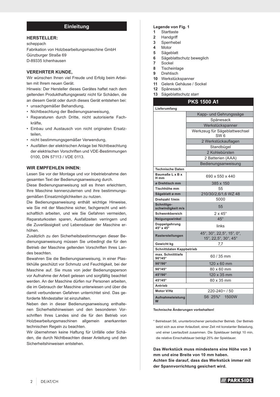 Einleitung | Parkside PKS 1500 A1 User Manual | Page 7 / 64