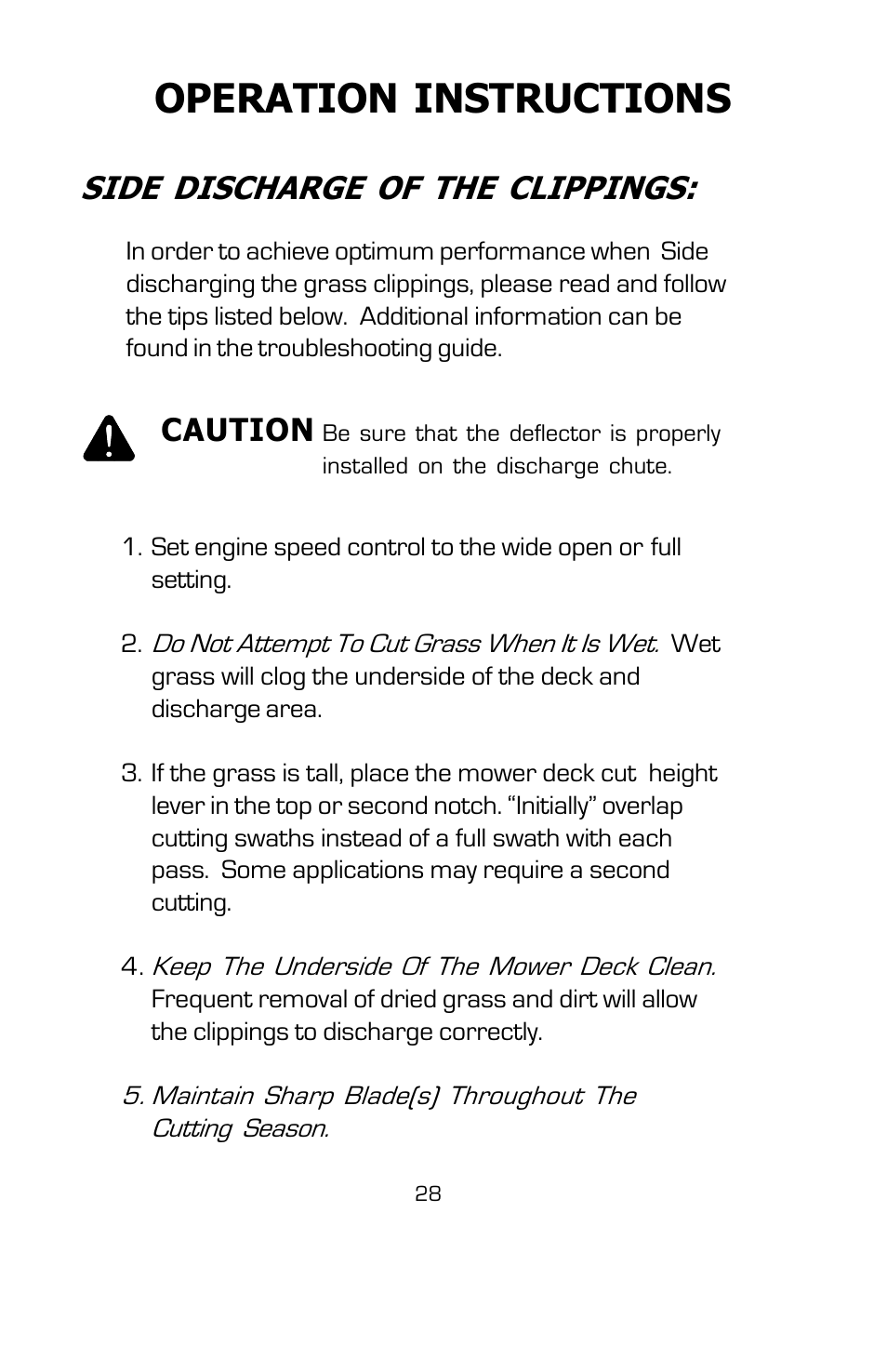 Operation instructions, Side discharge of the clippings, Caution | Dixon 2004 User Manual | Page 28 / 48