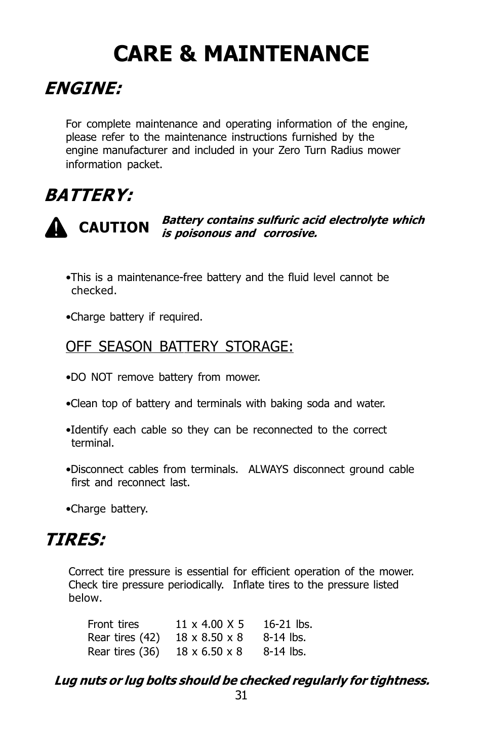 Care & maintenance, Engine, Battery | Tires, Off season battery storage, Caution | Dixon 2004 User Manual | Page 31 / 48