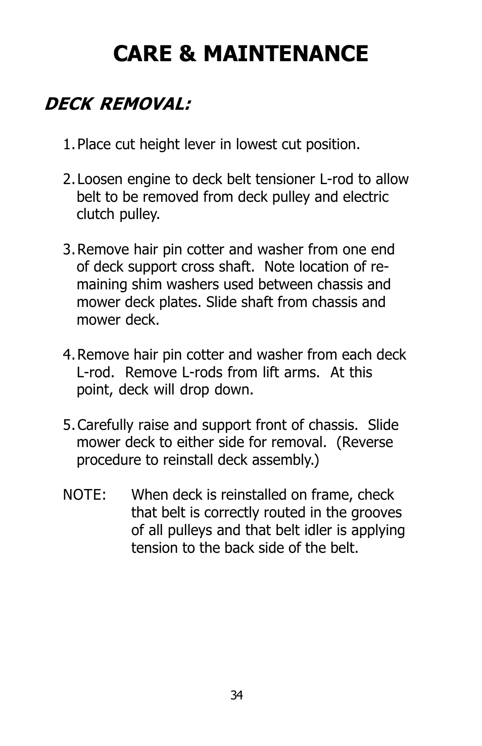Care & maintenance, Deck removal | Dixon 2004 User Manual | Page 34 / 48