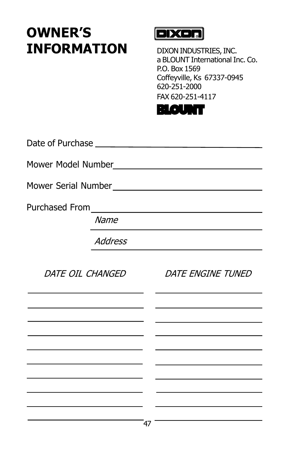 Owner’s information | Dixon 2004 User Manual | Page 47 / 48