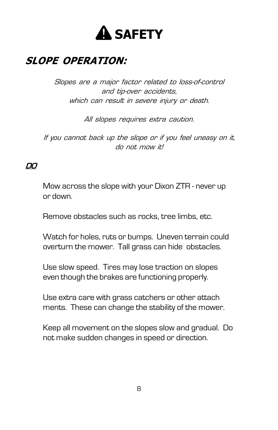 Safety, Slope operation | Dixon 2004 User Manual | Page 8 / 48