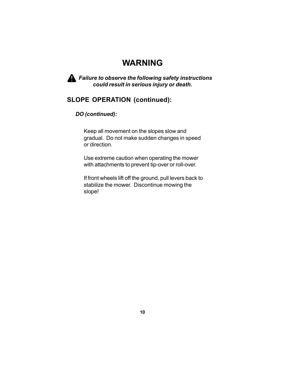 Warning | Dixon SPEEDZTR 44 User Manual | Page 10 / 52