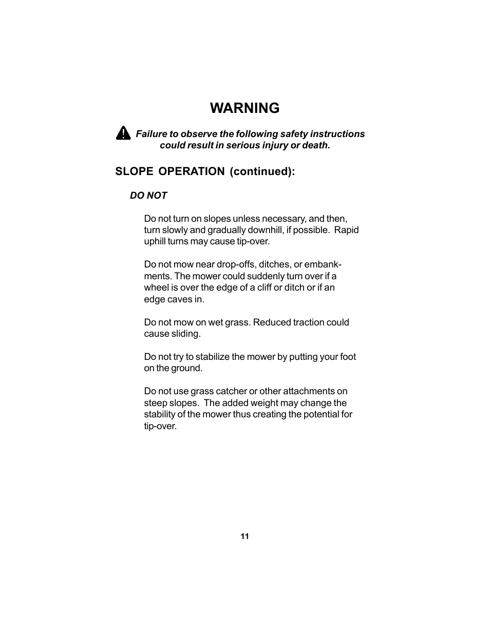 Warning | Dixon SPEEDZTR 44 User Manual | Page 11 / 52