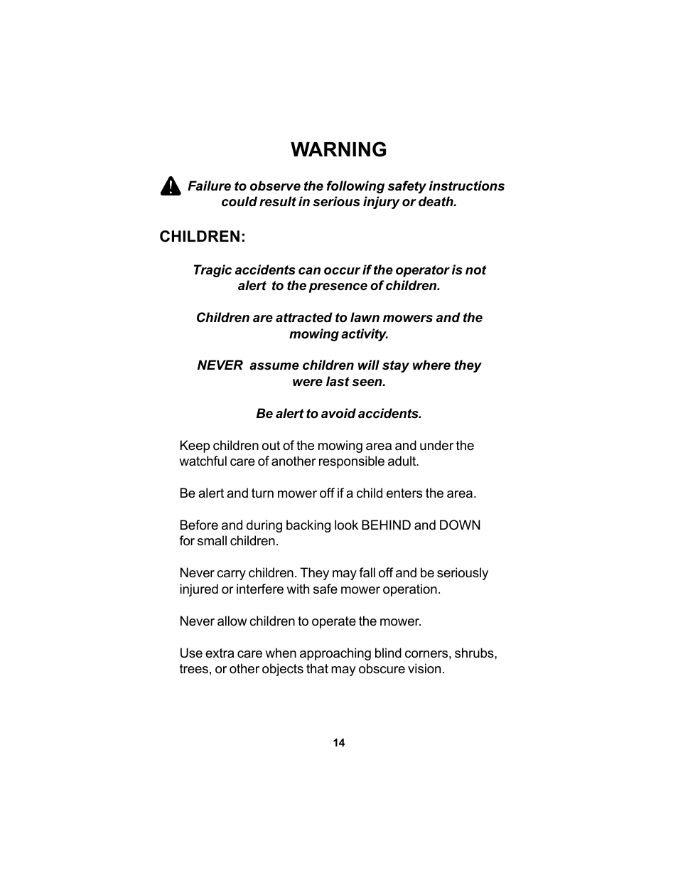 Warning | Dixon SPEEDZTR 44 User Manual | Page 14 / 52