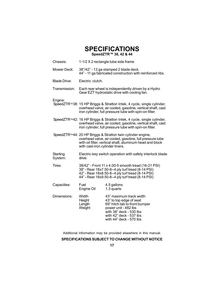 Specifications | Dixon SPEEDZTR 44 User Manual | Page 17 / 52