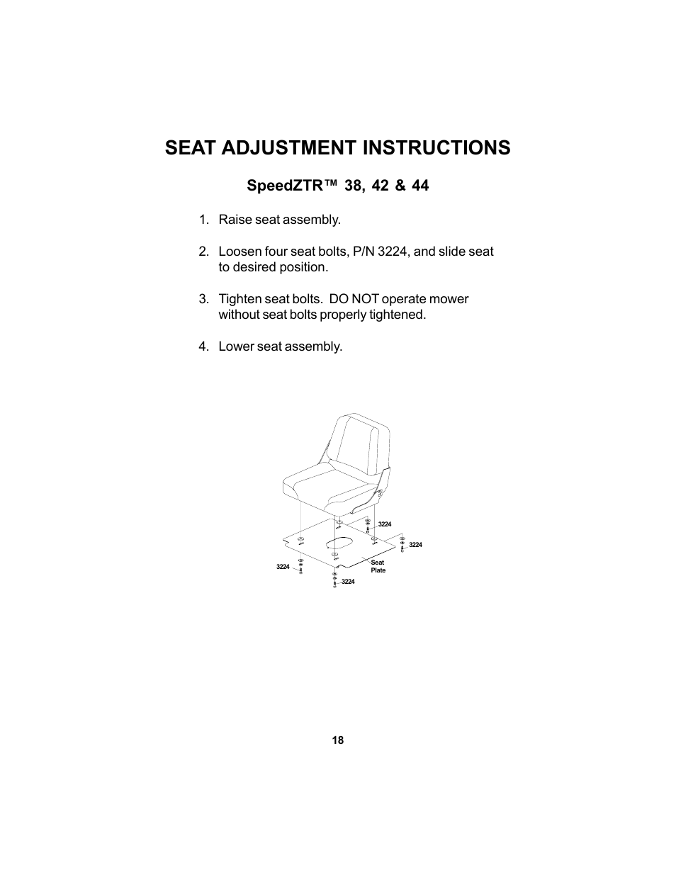 Seat adjustment instructions | Dixon SPEEDZTR 44 User Manual | Page 18 / 52