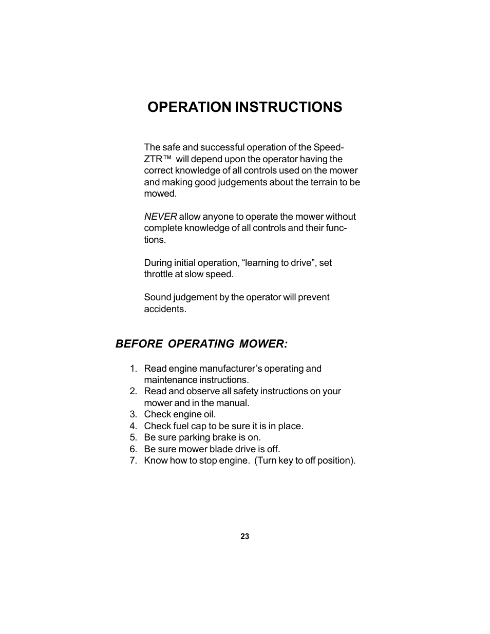 Operation instructions | Dixon SPEEDZTR 44 User Manual | Page 23 / 52