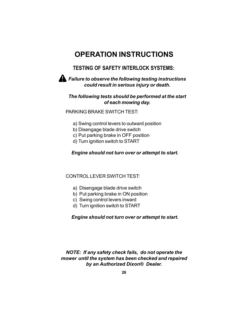 Operation instructions | Dixon SPEEDZTR 44 User Manual | Page 26 / 52