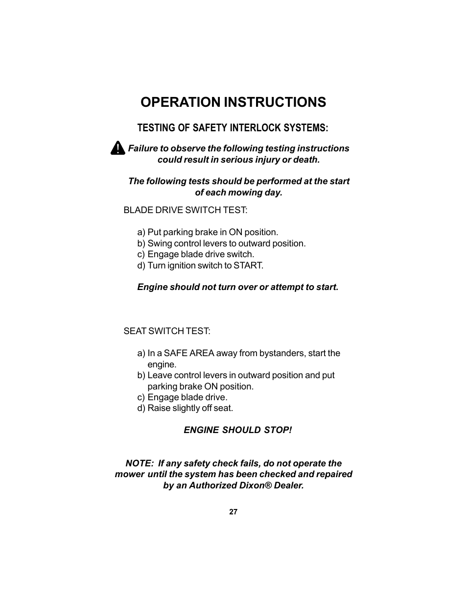 Operation instructions | Dixon SPEEDZTR 44 User Manual | Page 27 / 52