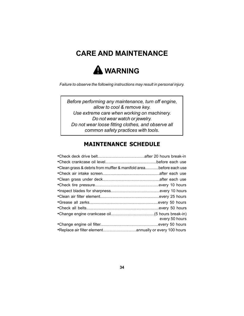 Care and maintenance, Warning, Maintenance schedule | Dixon SPEEDZTR 44 User Manual | Page 34 / 52