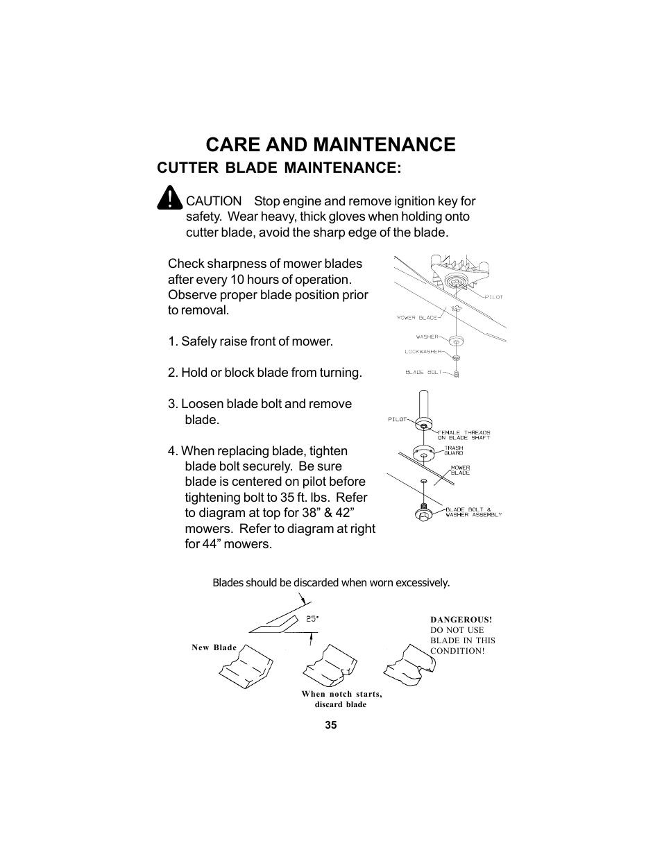 Care and maintenance, Cutter blade maintenance | Dixon SPEEDZTR 44 User Manual | Page 35 / 52