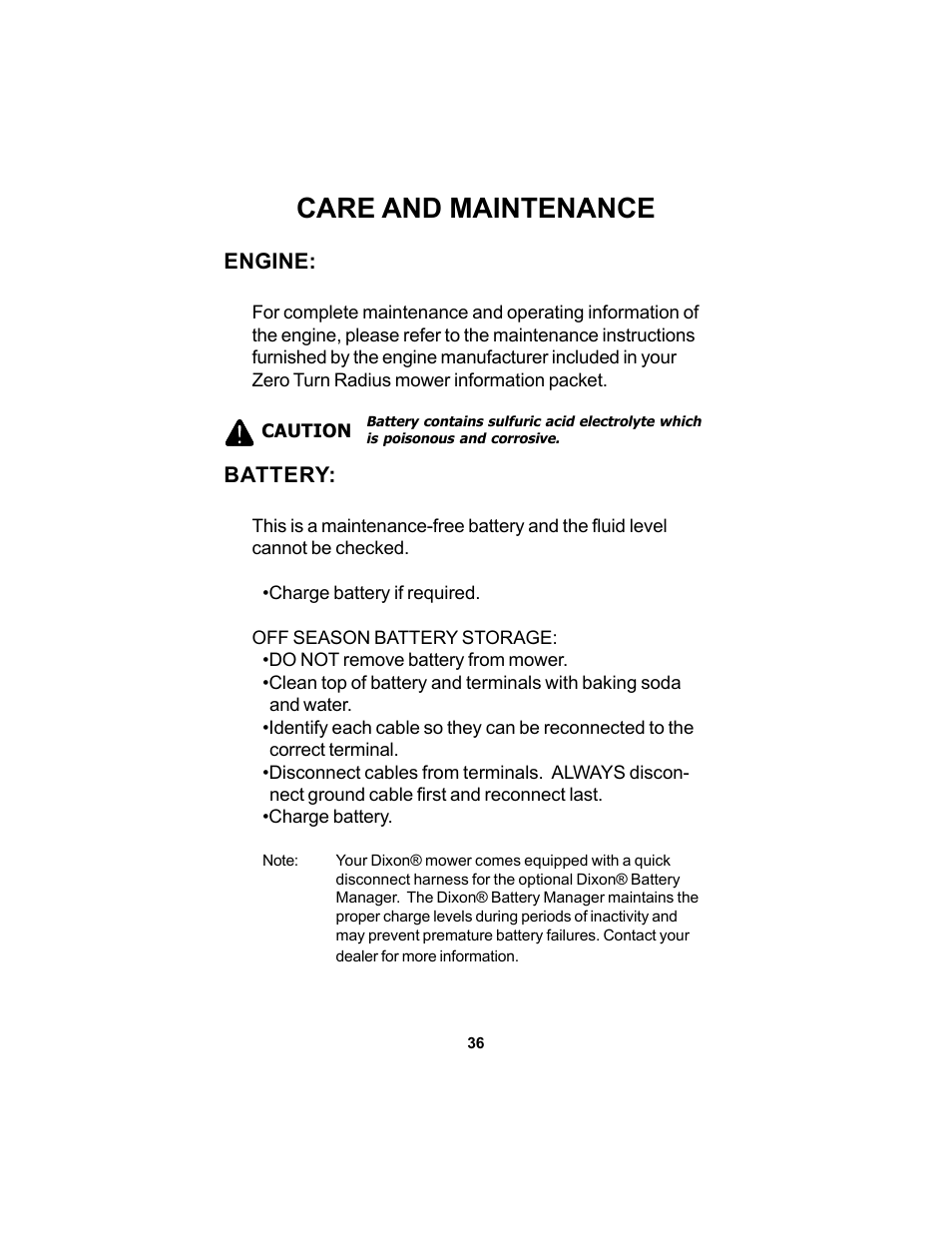 Care and maintenance | Dixon SPEEDZTR 44 User Manual | Page 36 / 52