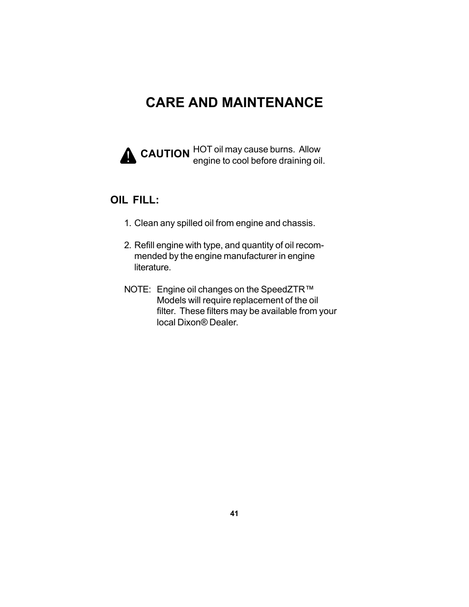 Care and maintenance | Dixon SPEEDZTR 44 User Manual | Page 41 / 52