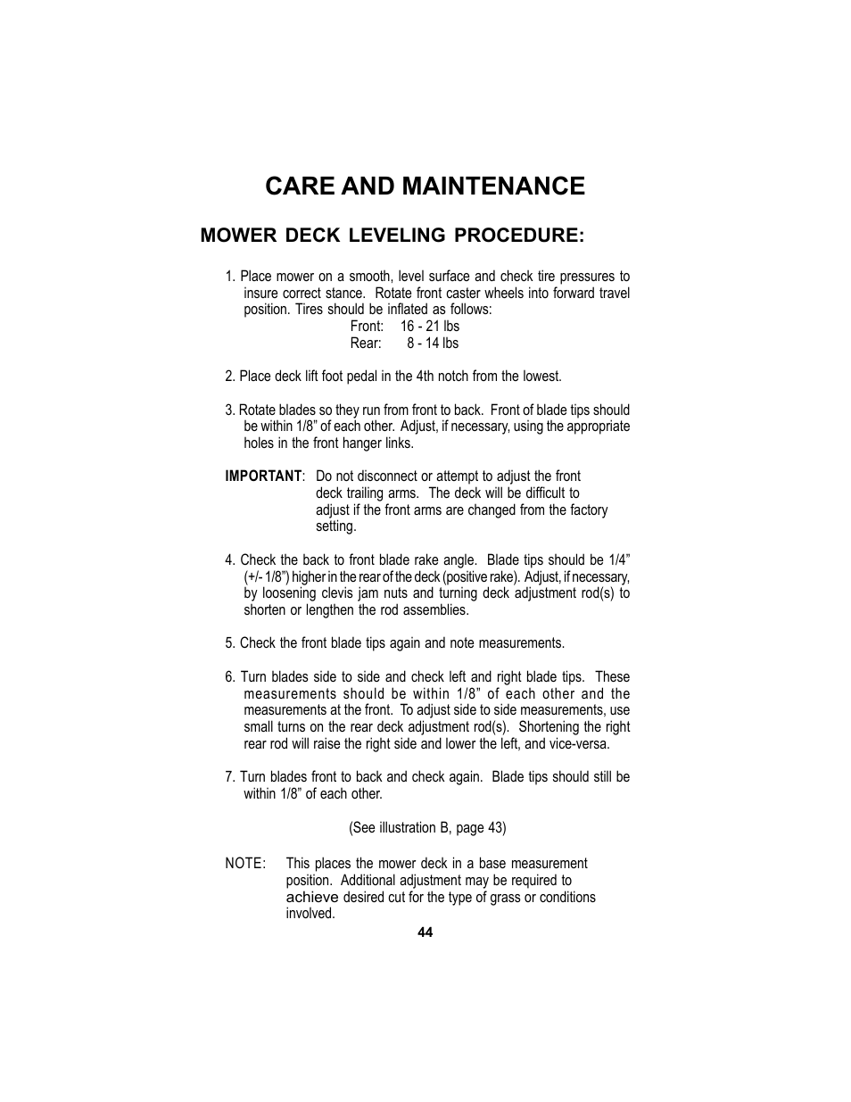 Care and maintenance, Mower deck leveling procedure | Dixon SPEEDZTR 44 User Manual | Page 44 / 52