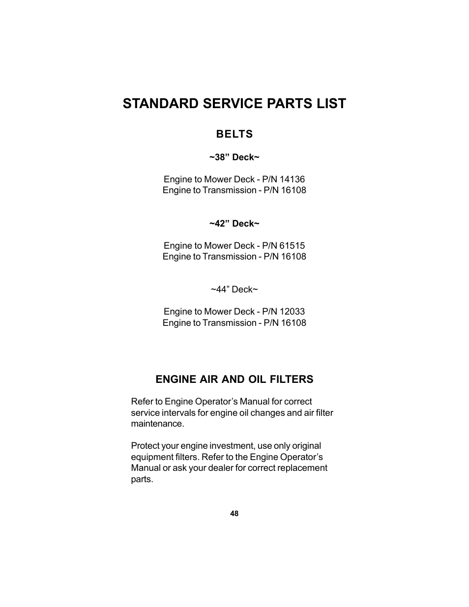 Standard service parts list | Dixon SPEEDZTR 44 User Manual | Page 48 / 52