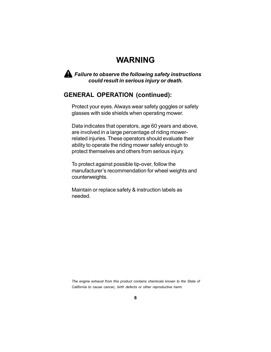 Warning | Dixon SPEEDZTR 44 User Manual | Page 8 / 52