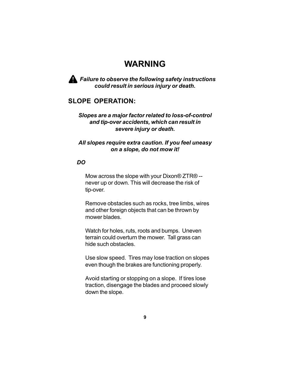 Warning | Dixon SPEEDZTR 44 User Manual | Page 9 / 52