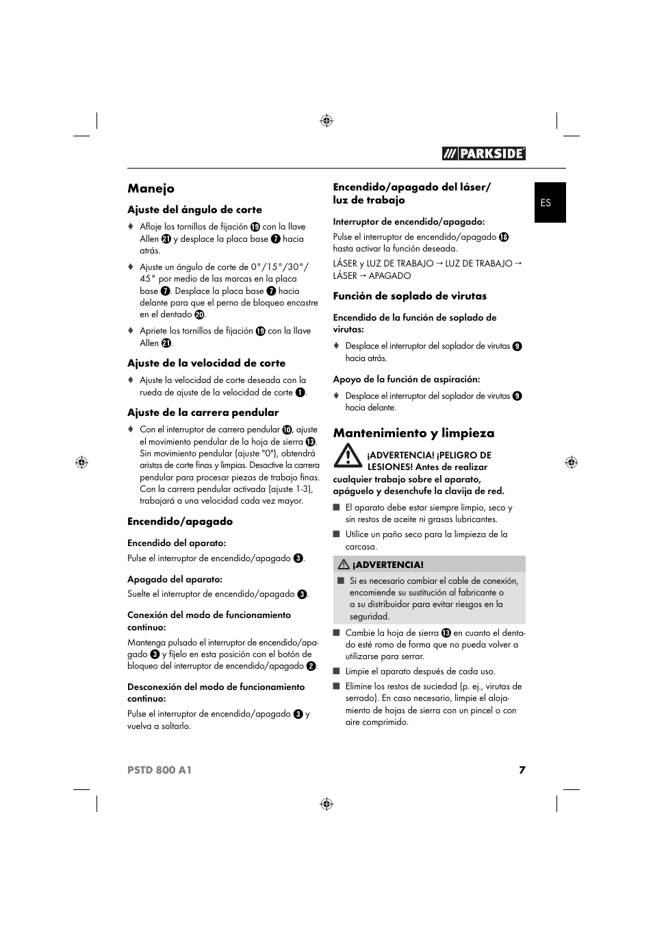 Manejo, Mantenimiento y limpieza | Parkside PSTD 800 A1 User Manual | Page 11 / 51