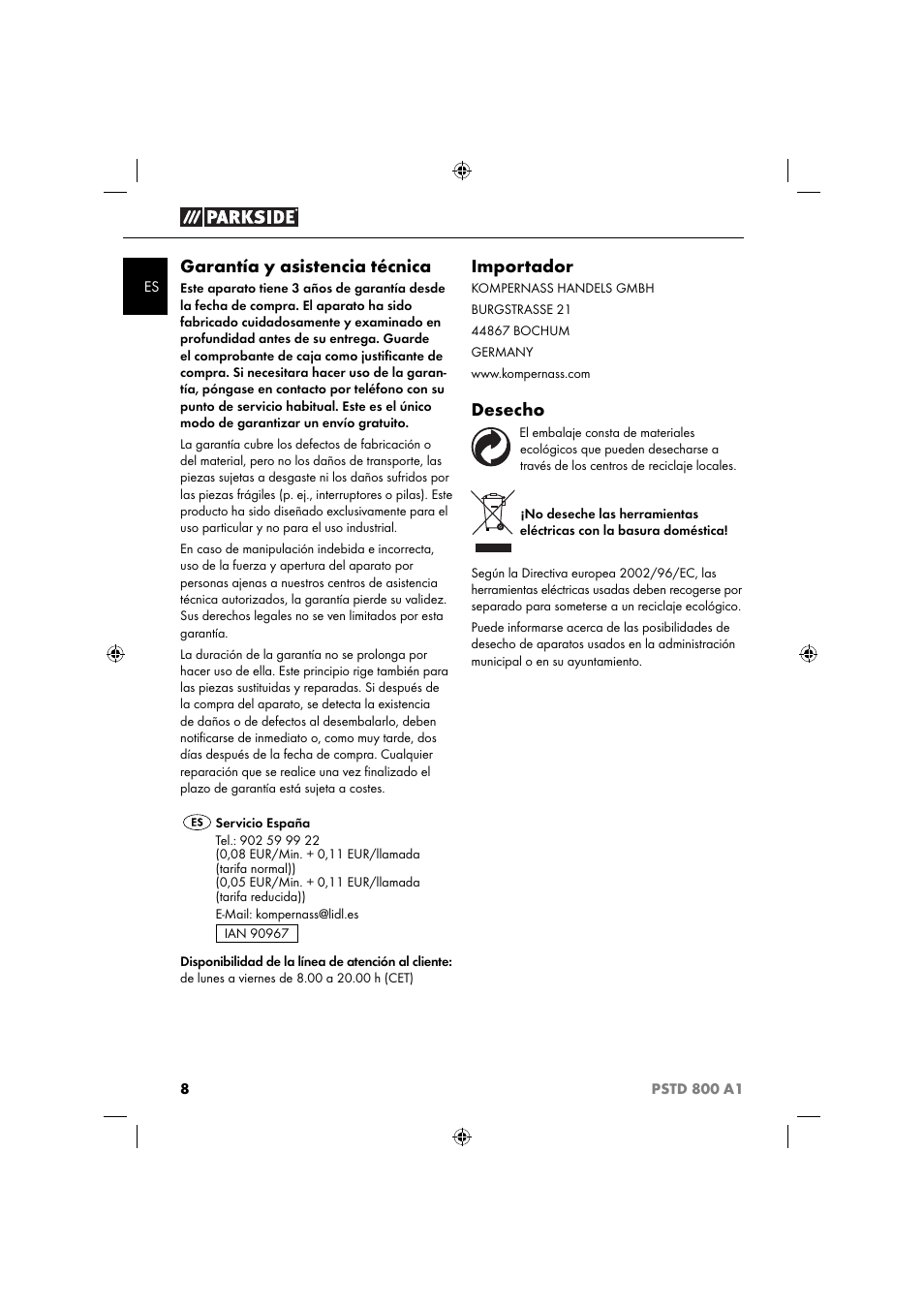 Garantía y asistencia técnica, Importador, Desecho | Parkside PSTD 800 A1 User Manual | Page 12 / 51