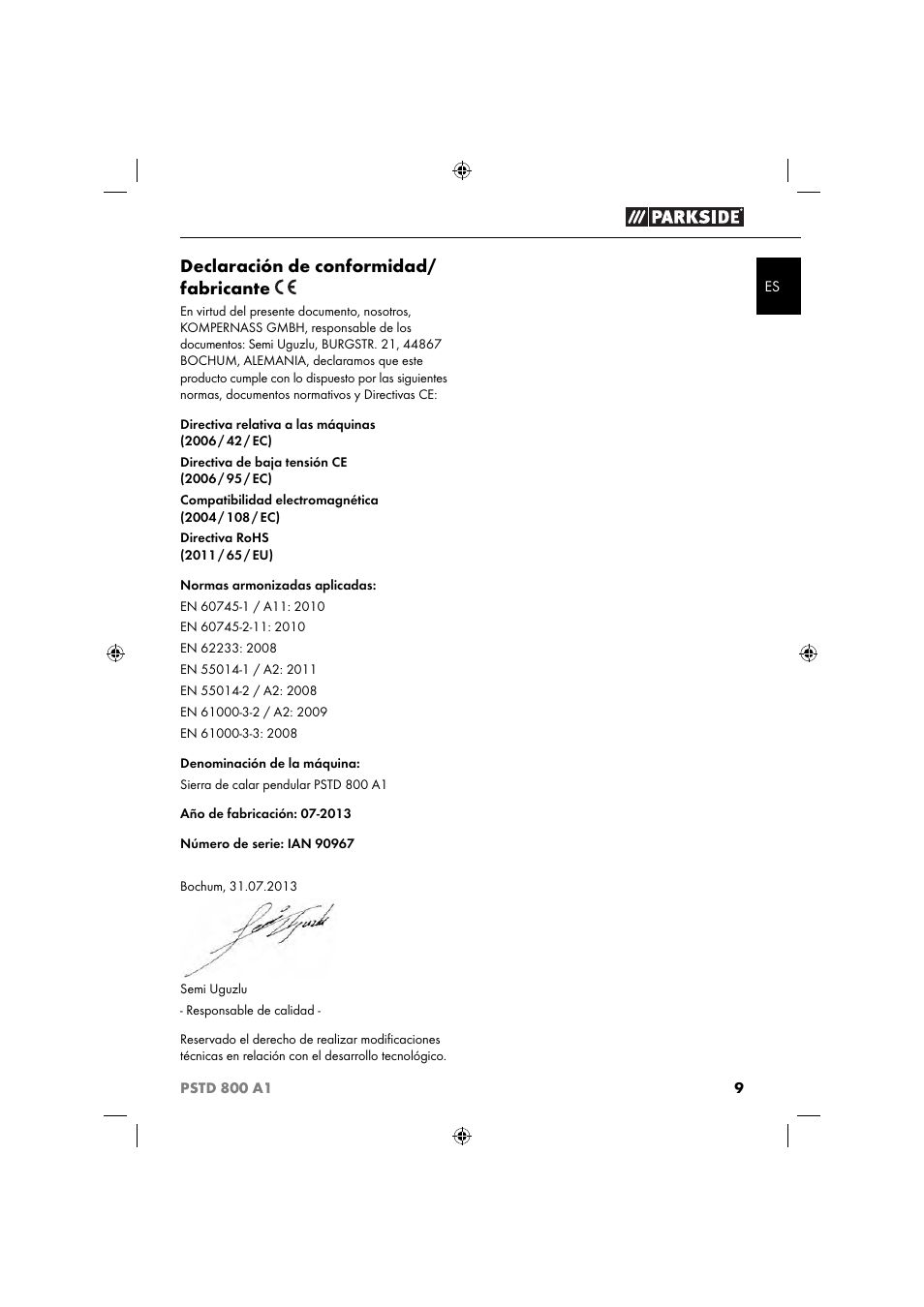 Declaración de conformidad/ fabricante | Parkside PSTD 800 A1 User Manual | Page 13 / 51