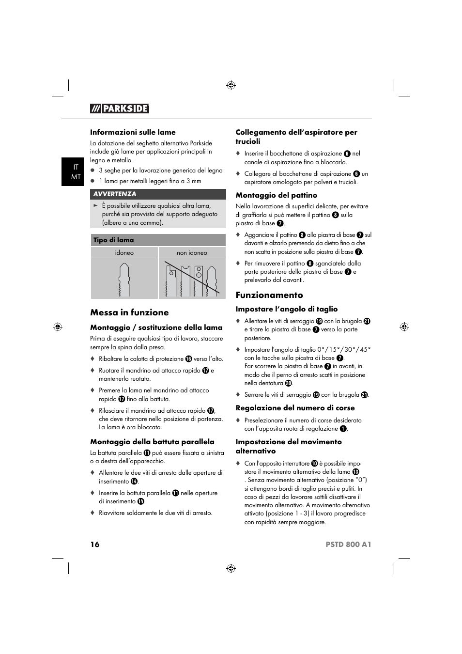 Messa in funzione, Funzionamento | Parkside PSTD 800 A1 User Manual | Page 20 / 51
